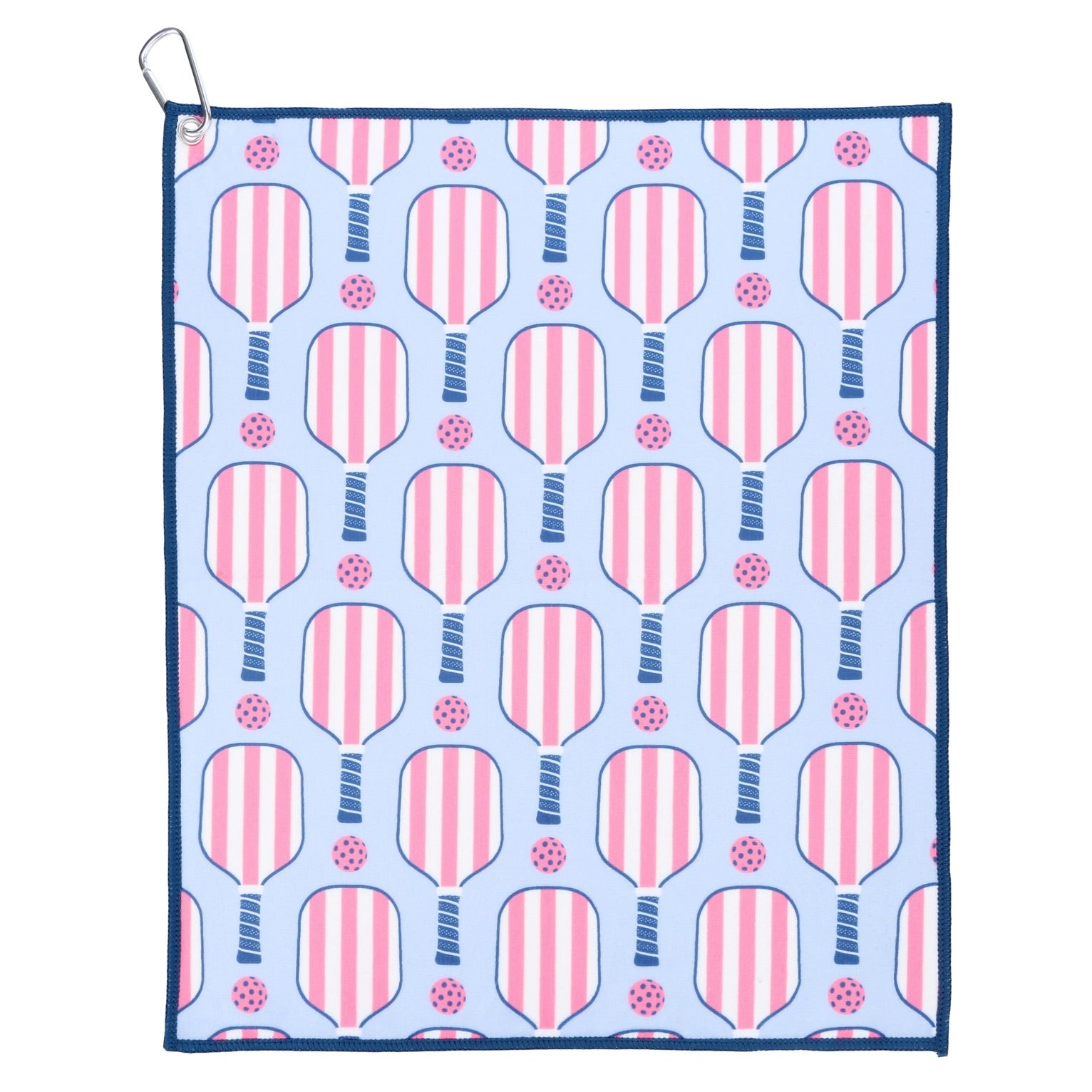 Pink and blue preppy pickleball sports court towel with attached carabiner for hanging