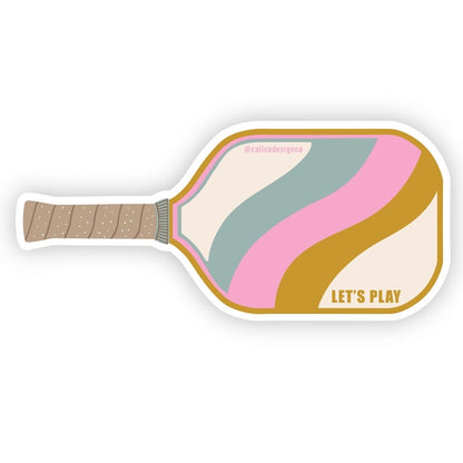 Pink, gold and blue sticker shaped like a pickleball paddle that says Let&