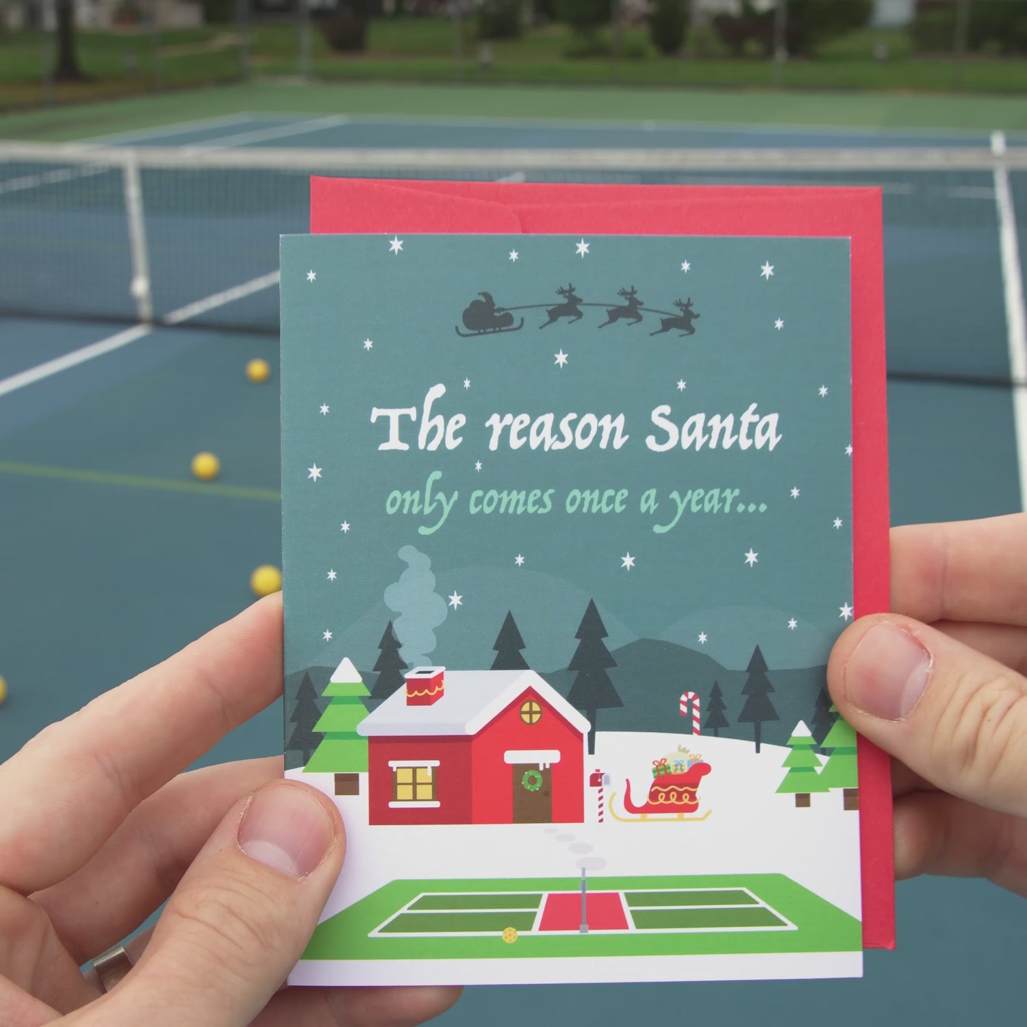 Video of a cute and funny pickleball themed Christmas card featuring Santas home in the north pole with a pickleball court