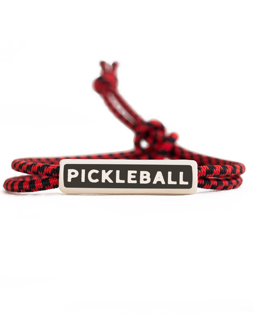 Red and black colored rope bracelet that says &quot;PICKLEBALL&quot; on it