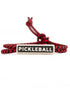 Red and black colored rope bracelet that says "PICKLEBALL" on it