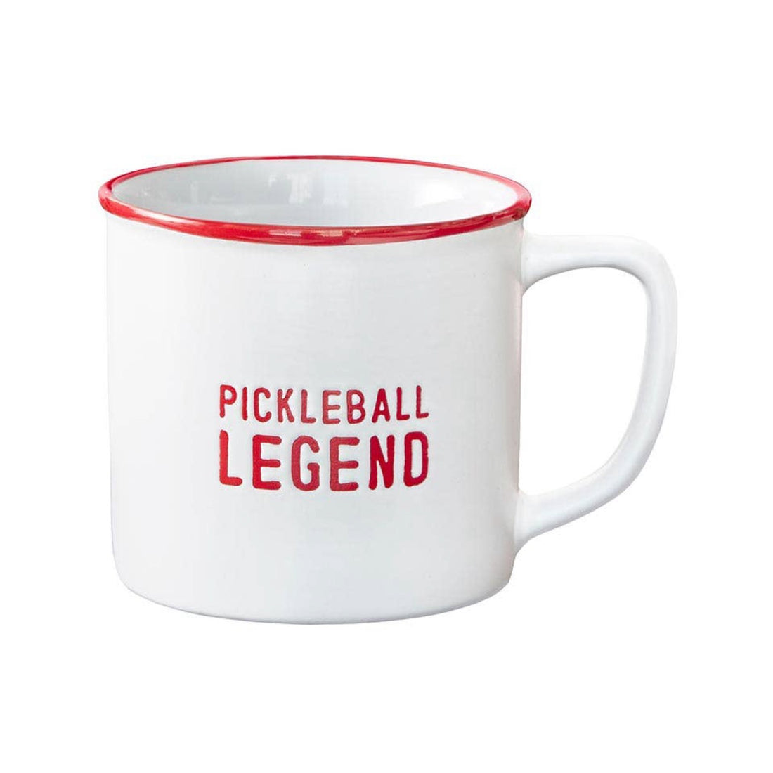 Ceramic mug that says Pickleball Legend on it in red