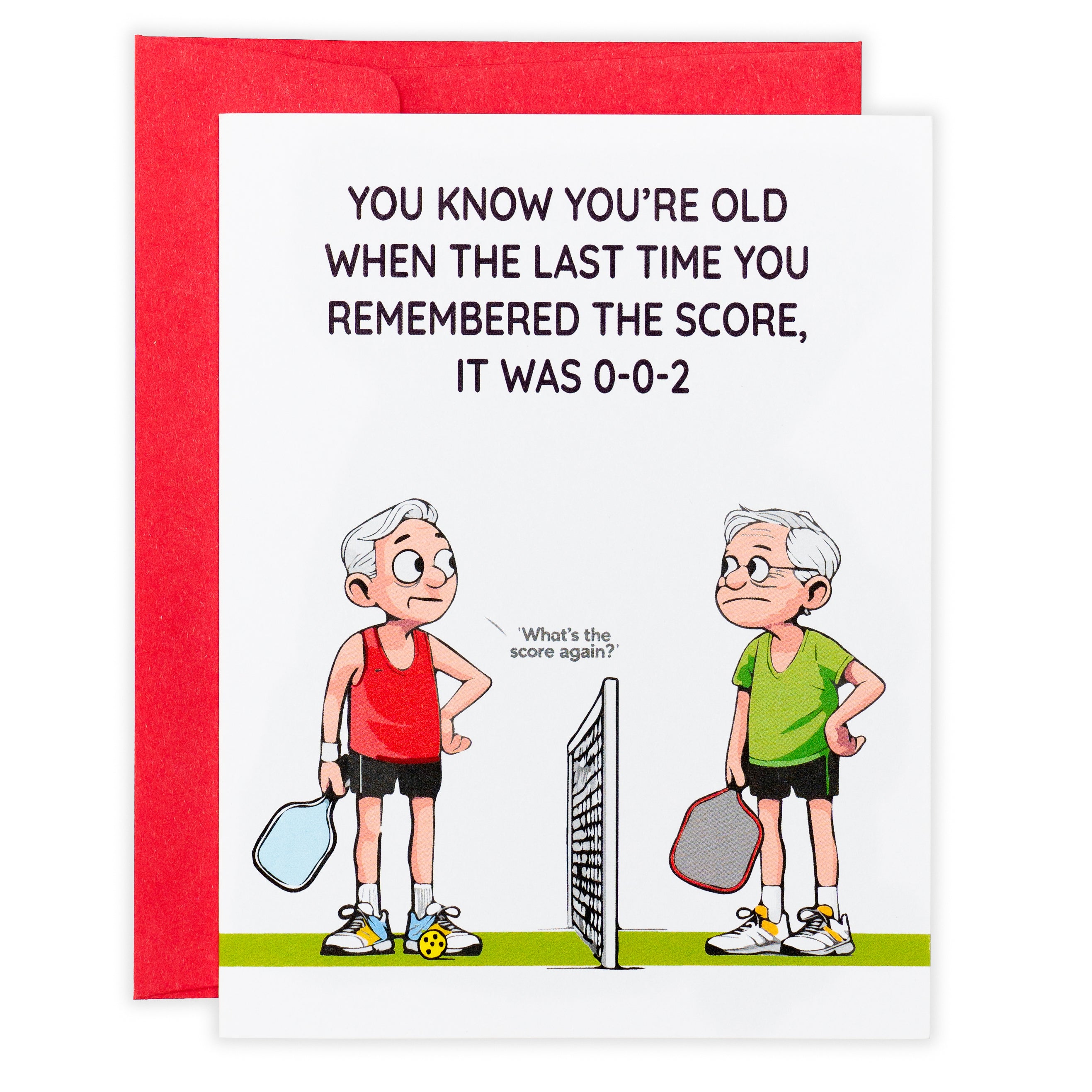 A funny pickleball birthday card with two cartoon men playing pickleball looking confused with one saying &quot;What&