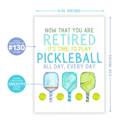 Graphic showing the dimensions of a pickleball themed retirement card