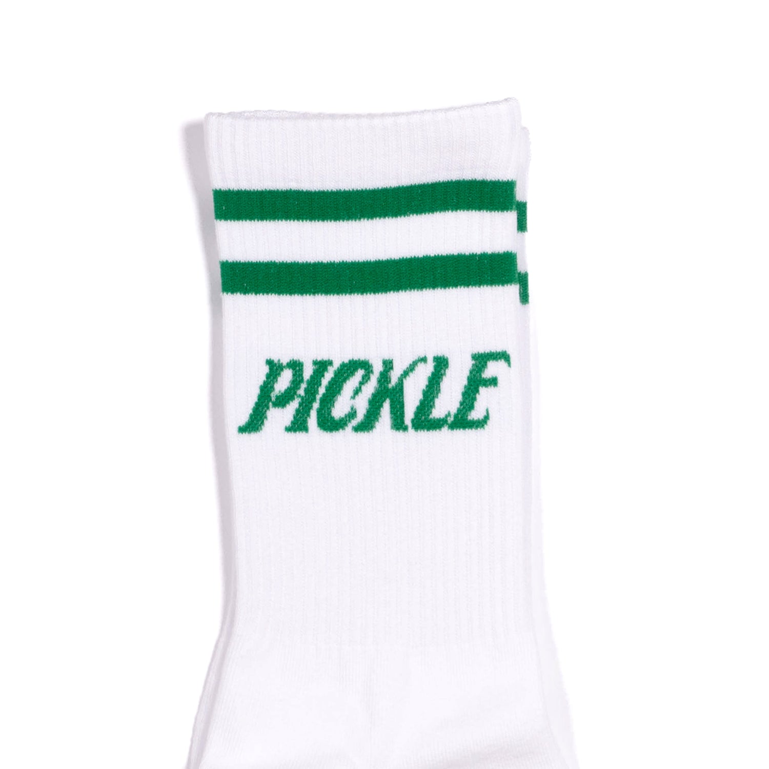 Top of white mid retro calf pickleball socks with green stripes and green text that says &quot;Pickle&quot;