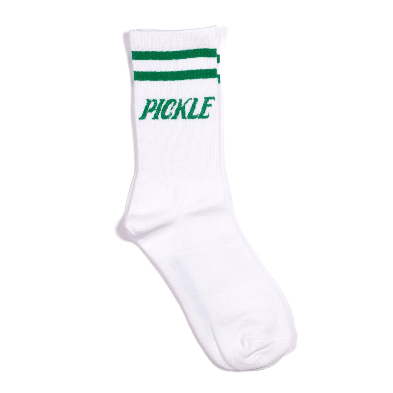 White mid calf pickleball socks with green stripes and green text that says &quot;Pickle&quot;