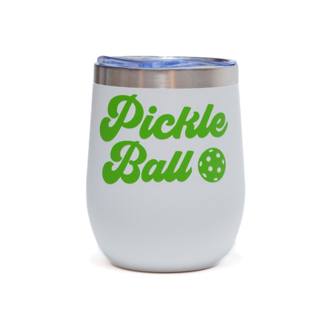 Stainless steel white wine tumbler that says &quot;PICKLEBALL&quot; on it in green lettering and has a green pickleball on it