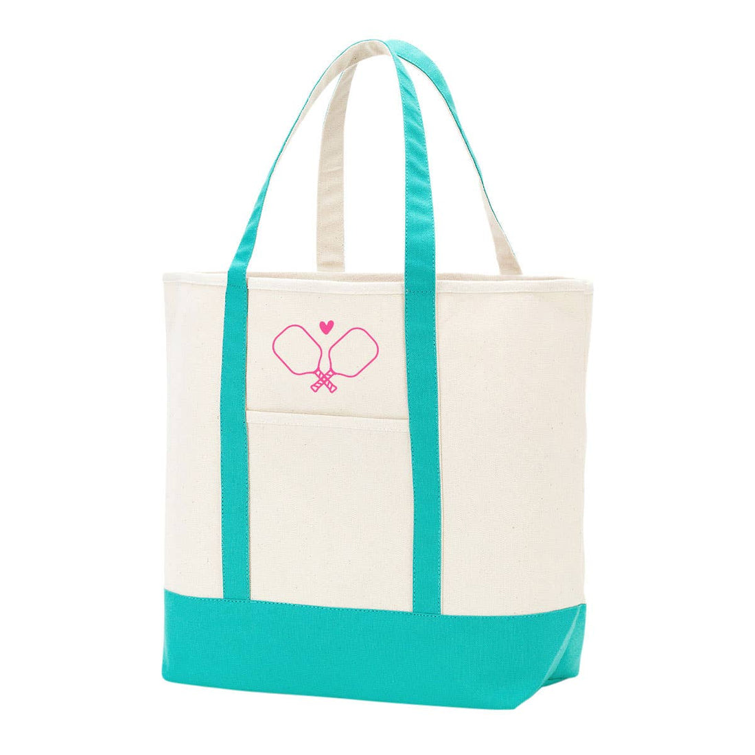 Canvas tote bag with pickleball paddles on it and teal colored accents