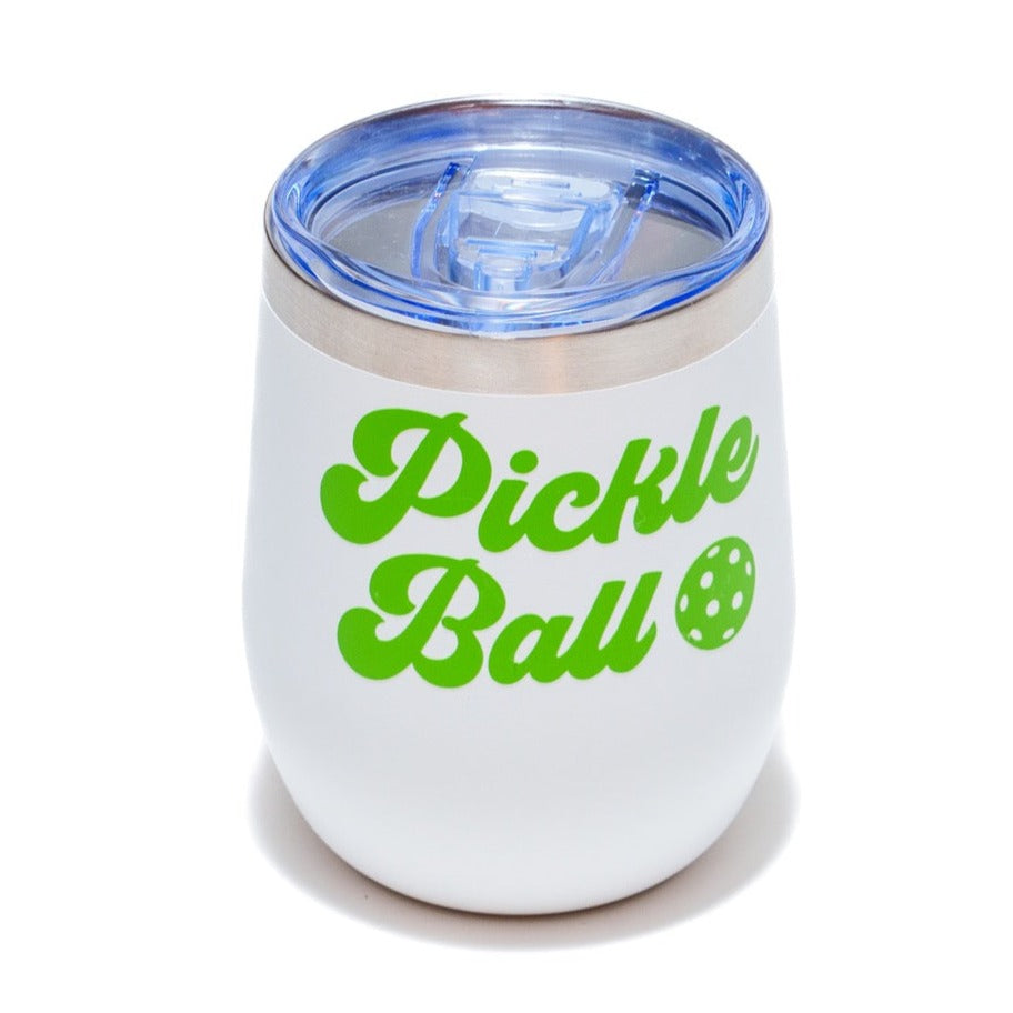 Top of stainless steel white wine tumbler that says &quot;PICKLEBALL&quot; on it in green lettering and has a green pickleball on it