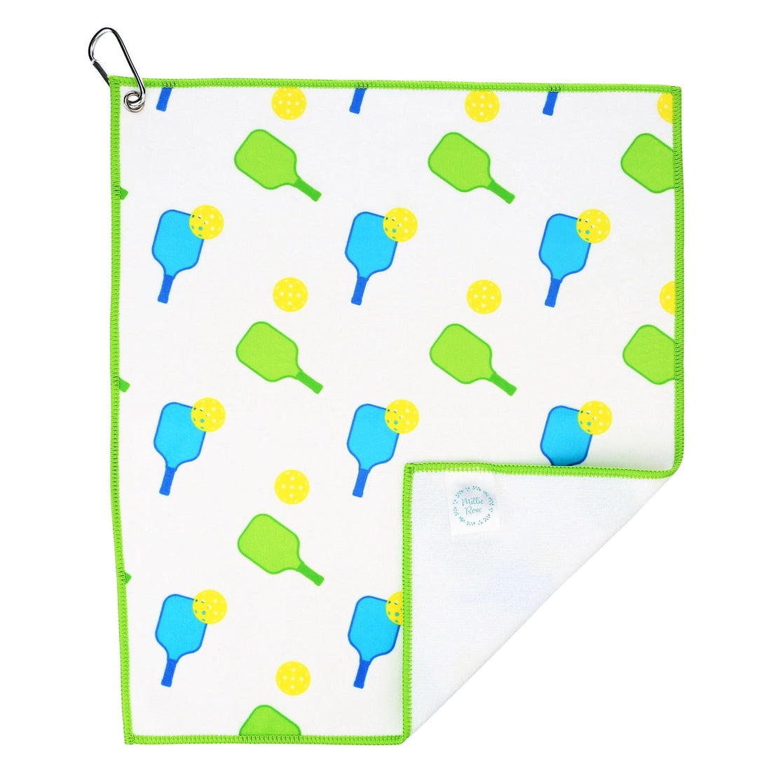 White and green fun pickleball sports court towel with corner folded up