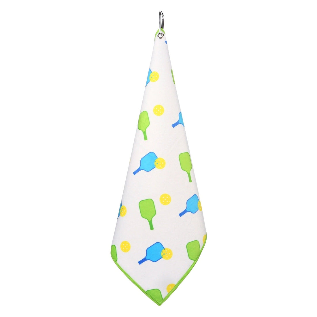 White and green fun pickleball sports court towel hanging from attached carabiner