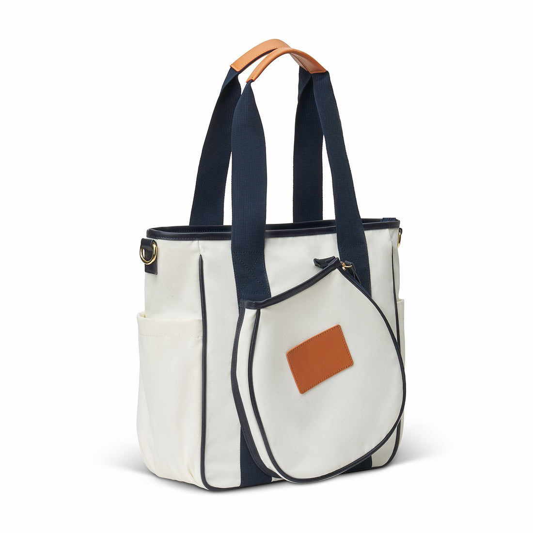 Side of white pickleball paddle tote bag with navy blue handles