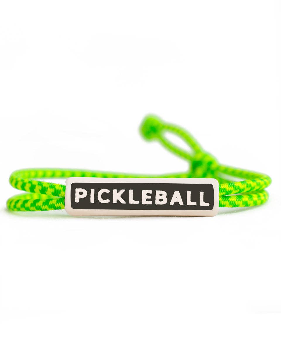 Green and yellow colored rope bracelet that says &quot;PICKLEBALL&quot; on it