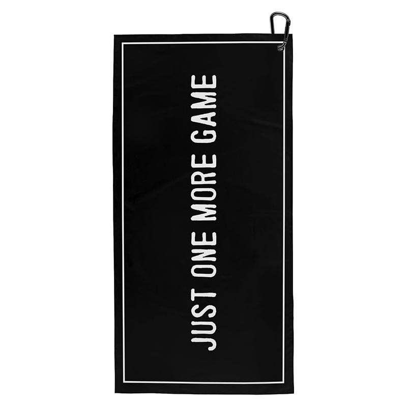 Black microfiber pickleball sport towel that says &quot;JUST ONE MORE GAME&quot; on it