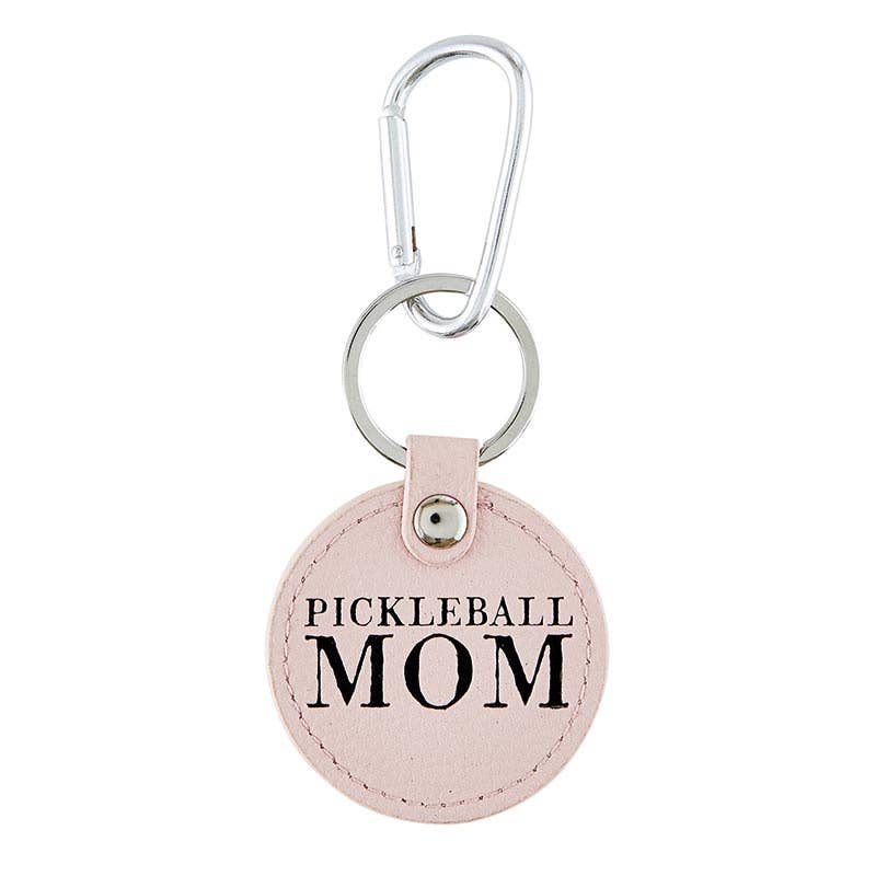 Round pink keychain that says &quot;PICKLEBALL MOM&quot; on it