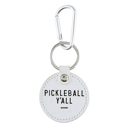 Round white keychain that says &quot;PICKLEBALL Y&